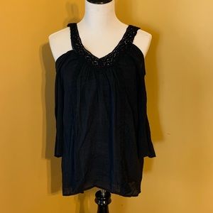 Black Cold Shoulder Top with Crochet Accents